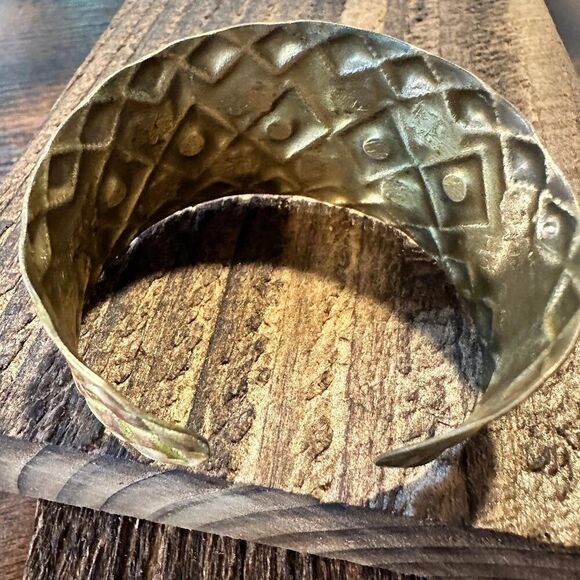 Handcrafted Artesian Boho Brass Patina Bracelet, Burnt Orange Diamonds and Squa - Picture 7 of 7